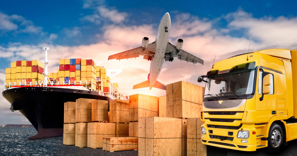 truck, airplane and ship for the transport of goods